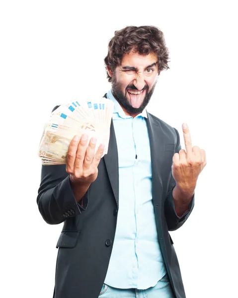 Crazy expression businessman with banknotes — Stock Photo, Image
