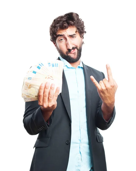 Šílený výraz podnikatel s bankovkami — Stock fotografie
