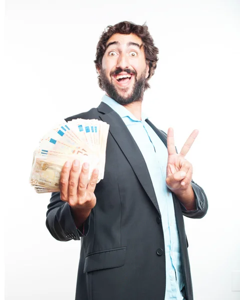 Crazy expression businessman with banknotes — Stock Photo, Image