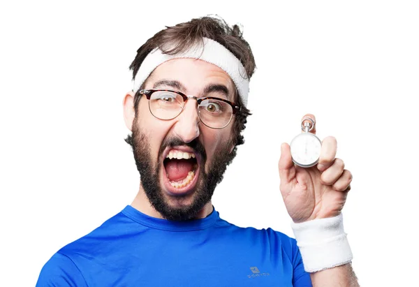 Crazy sports man with stopwatch — Stock Photo, Image