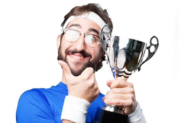 Crazy sport man met cup — Stockfoto