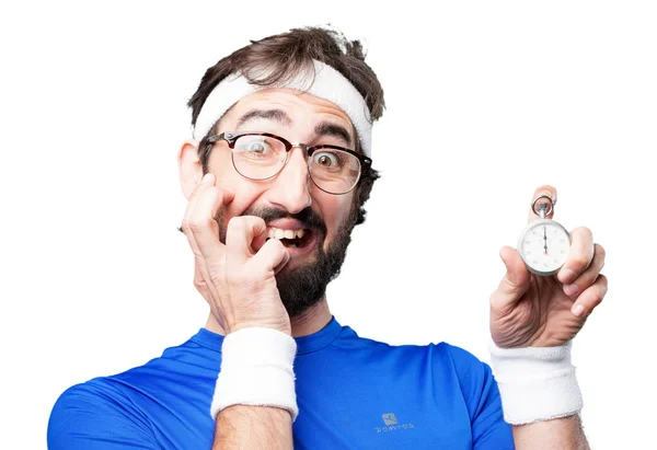 Crazy sports man with stopwatch — Stock Photo, Image