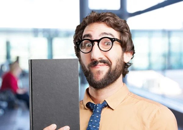 Crazy funny man with book — Stock Photo, Image