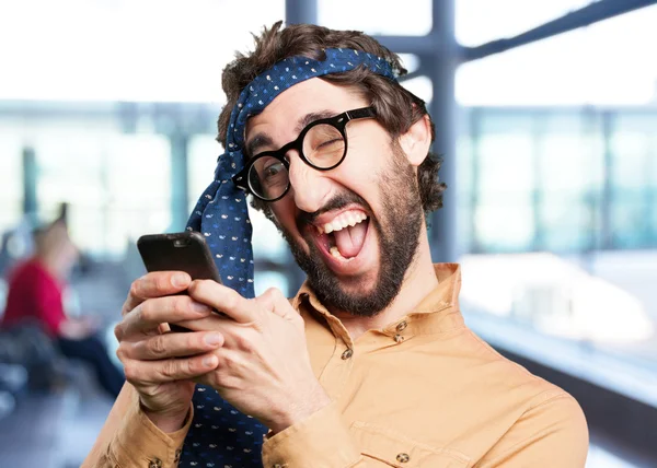 Crazy man with mobile phone — Stock Photo, Image