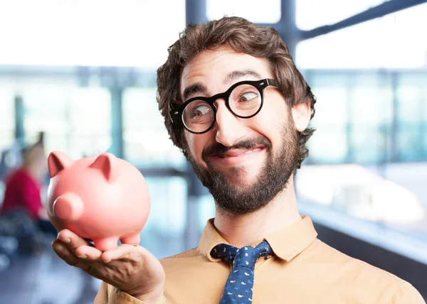 Louco homem com porquinho banco — Fotografia de Stock