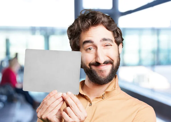 Homem louco com cartão cinzento. diversão — Fotografia de Stock