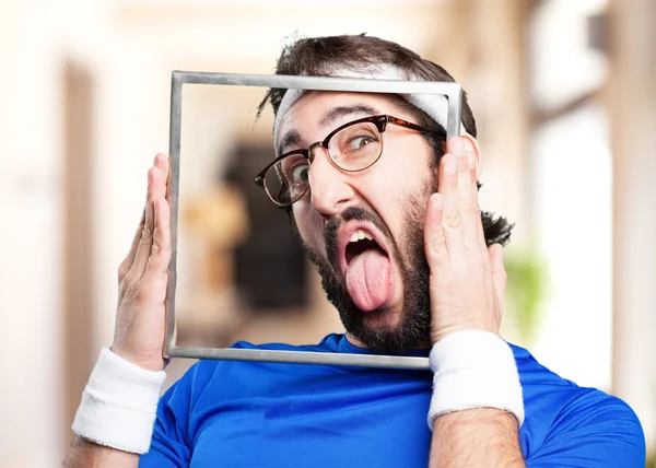 Crazy sports man with frame — Stock Photo, Image
