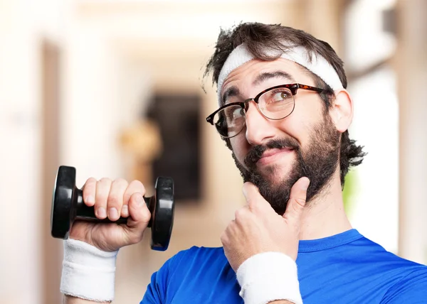 Crazy sports man with dumbbell — Stock Photo, Image