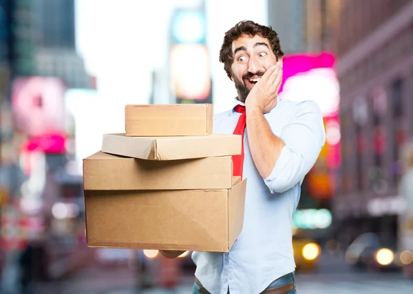 Crazy man with with cardboard boxes — Stock Photo, Image