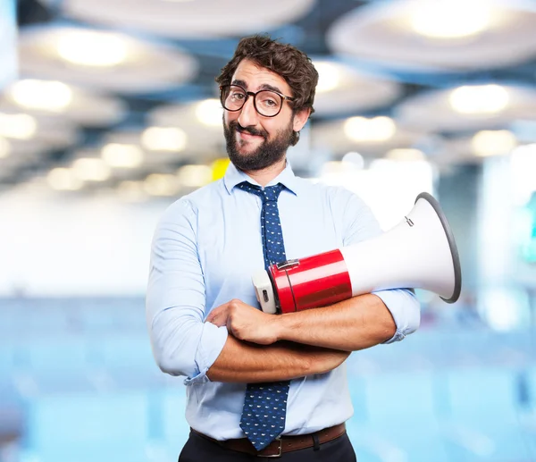 Louco homem de negócios feliz com megafone — Fotografia de Stock