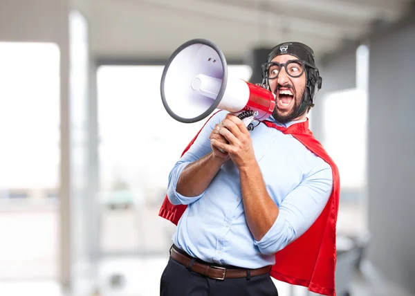 Louco herói homem com megafone — Fotografia de Stock