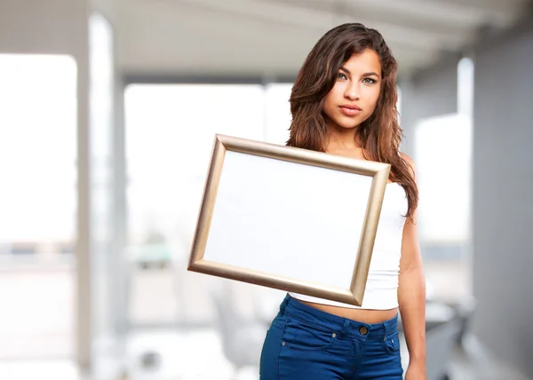 Young black girl with frame — Stock Photo, Image