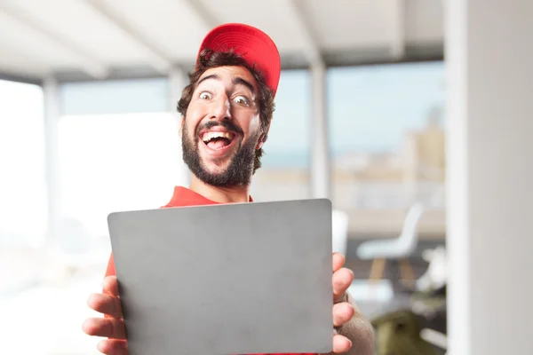 Glücklicher Mann mit grauer Karte — Stockfoto