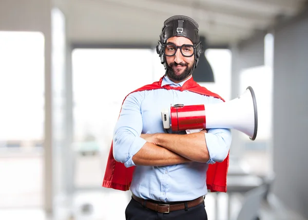 Louco herói homem com megafone — Fotografia de Stock