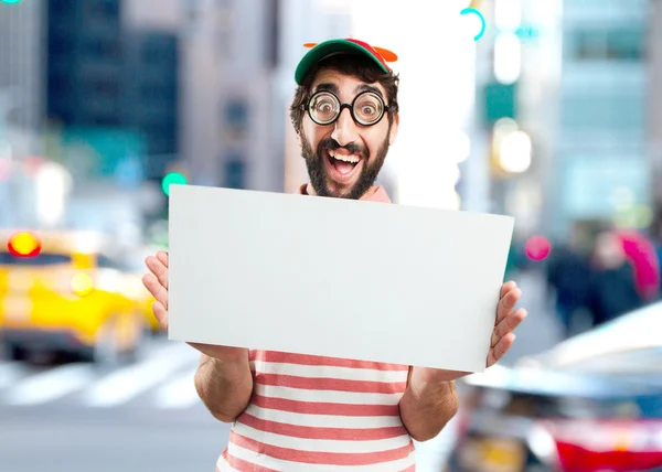 Crazy young man with white blank — Stock Photo, Image