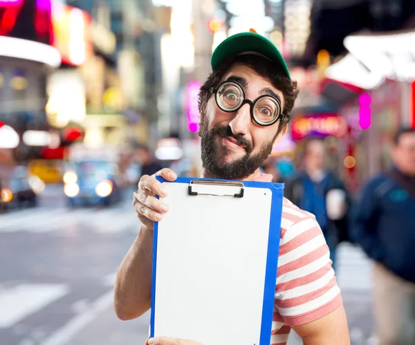 Young crazy man with report blank — Stock Photo, Image