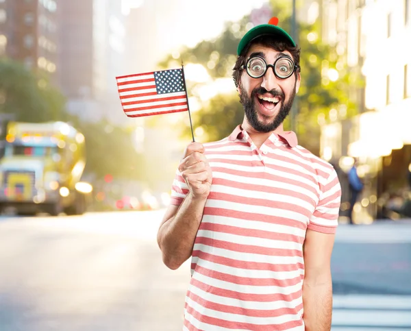 Głupi człowiek szalony z amerykańską flagę — Zdjęcie stockowe
