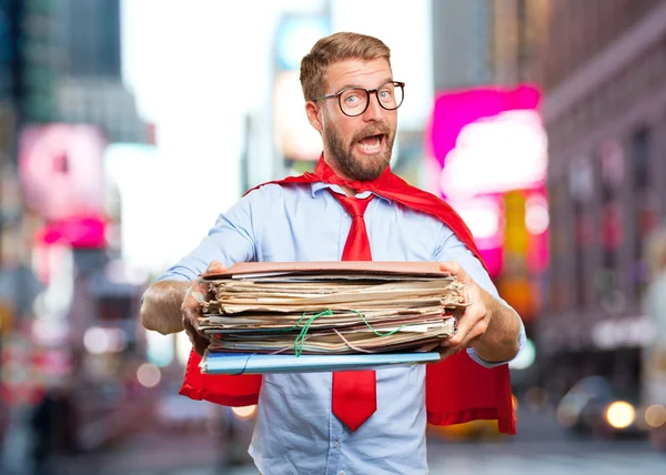 Blond hero man with documents — Stock Photo, Image