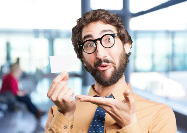 Verrückter Mann mit Visitenkarte — Stockfoto