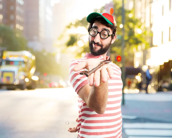 Fool crazy man with toy plane — Stock Photo, Image