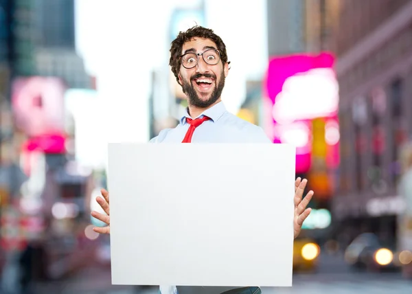 Crazy businessman with white blank — Stock Photo, Image
