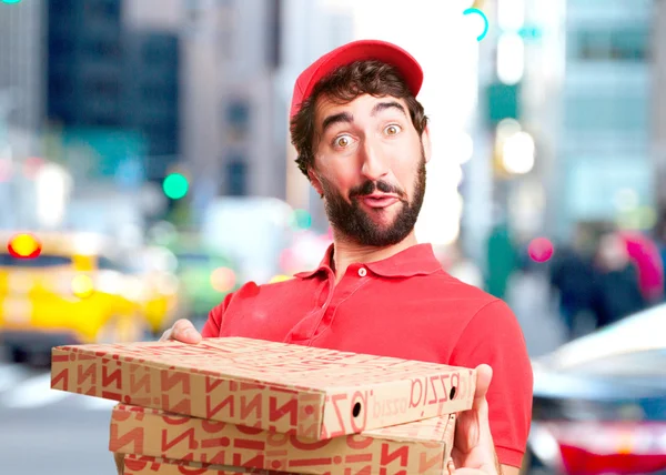 stock image crazy dealer with pizza boxes