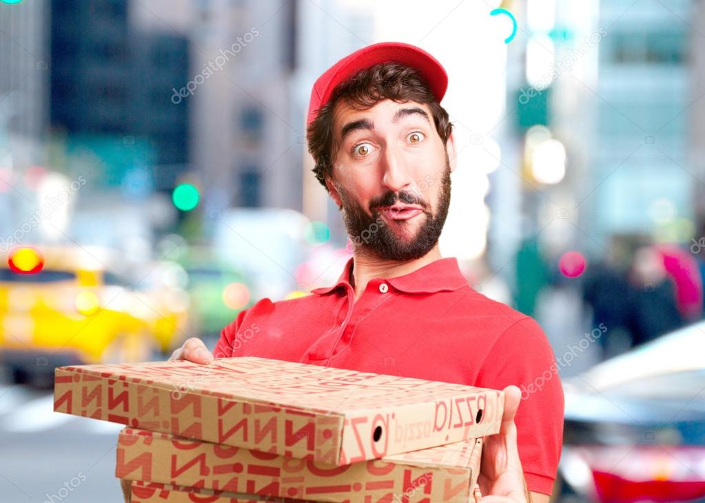 Crazy dealer with pizza boxes Stock Photo by ©kues 109745528