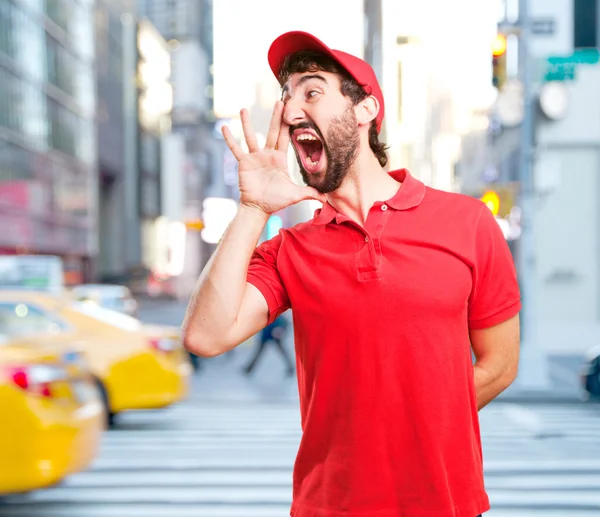 Crazy prodejce s blažený výraz — Stock fotografie