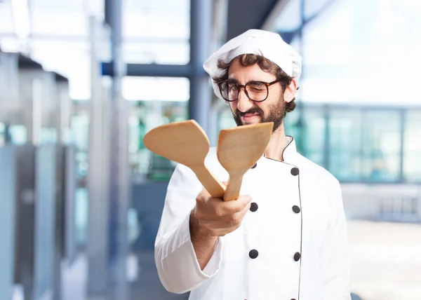 Chef loco con cucharas de madera — Foto de Stock