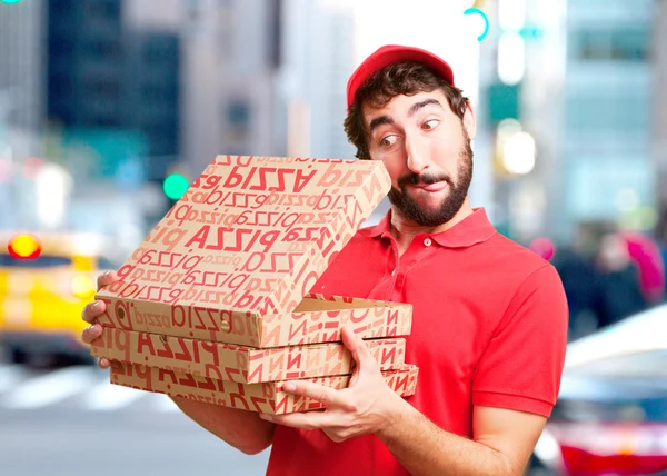 Crazy dealer with pizza boxes — Stock Photo, Image