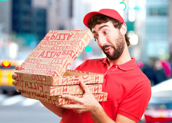 Distribuidor loco con cajas de pizza —  Fotos de Stock