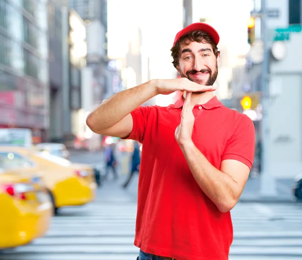 Crazy prodejce s rozzlobený výraz — Stock fotografie