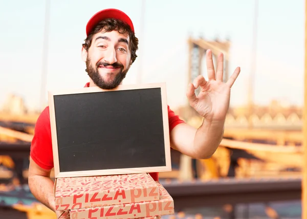 Traficante louco com pizza e quadro — Fotografia de Stock