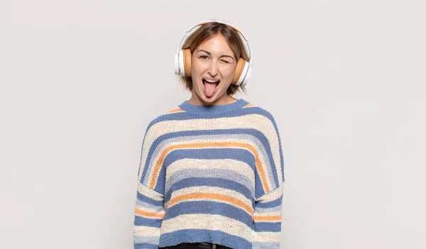 Young Blonde Woman Cheerful Carefree Rebellious Attitude Joking Sticking Tongue — Stock Photo, Image