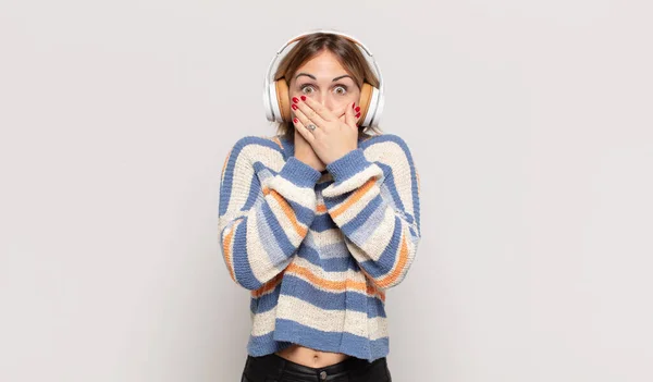 Young Blonde Woman Covering Mouth Hands Shocked Surprised Expression Keeping — Stock Photo, Image