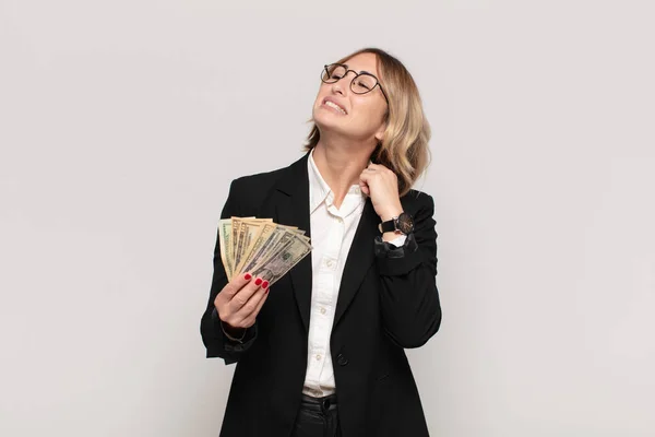 Young Blonde Woman Feeling Stressed Anxious Tired Frustrated Pulling Shirt — Stock Photo, Image