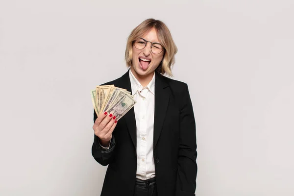 Young Blonde Woman Cheerful Carefree Rebellious Attitude Joking Sticking Tongue — Stock Photo, Image