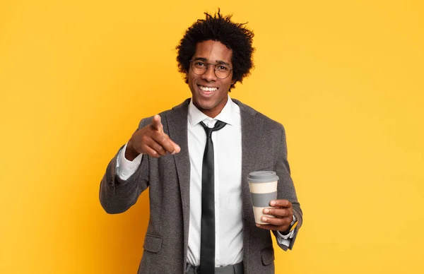 Young Black Afro Man Pointing Camera Satisfied Confident Friendly Smile — Stock Photo, Image