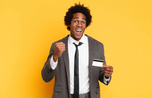 Young Black Afro Man Feeling Shocked Excited Happy Laughing Celebrating — Stock Photo, Image