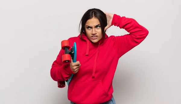 Young Hispanic Woman Feeling Stressed Worried Anxious Scared Hands Head — Stock Photo, Image