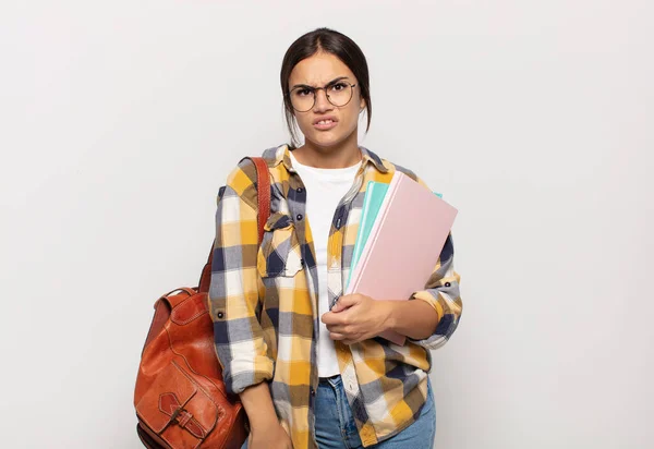 Young Hispanic Woman Feeling Puzzled Confused Dumb Stunned Expression Looking — Stok fotoğraf