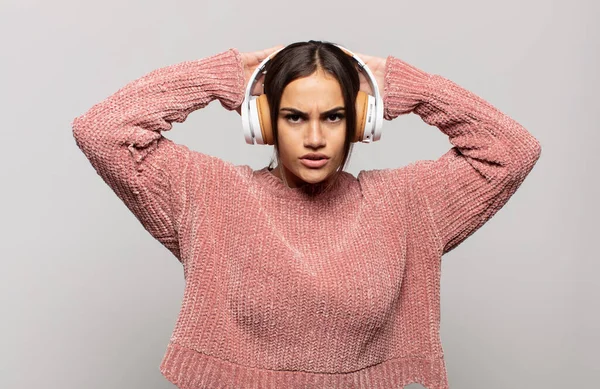 Young Hispanic Woman Feeling Stressed Worried Anxious Scared Hands Head — Stock Photo, Image