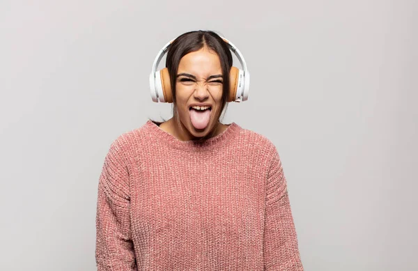 Young Hispanic Woman Cheerful Carefree Rebellious Attitude Joking Sticking Tongue — Stock Photo, Image