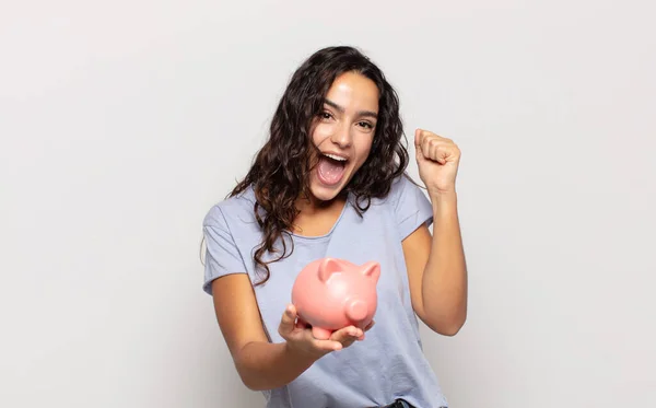Young Hispanic Woman Feeling Shocked Excited Happy Laughing Celebrating Success — Stock Photo, Image