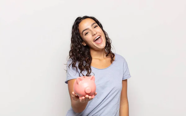 Young Hispanic Woman Looking Happy Pleasantly Surprised Excited Fascinated Shocked — Stock Photo, Image