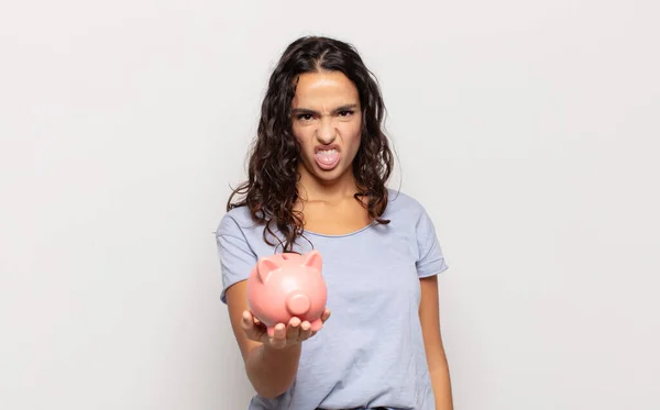 Young Hispanic Woman Feeling Disgusted Irritated Sticking Tongue Out Disliking — Stock Photo, Image