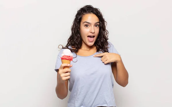 Young Hispanic Woman Looking Shocked Surprised Mouth Wide Open Pointing — Stock Photo, Image