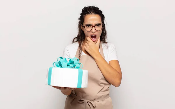 Young Hispanic Woman Mouth Eyes Wide Open Hand Chin Feeling — Stock Photo, Image