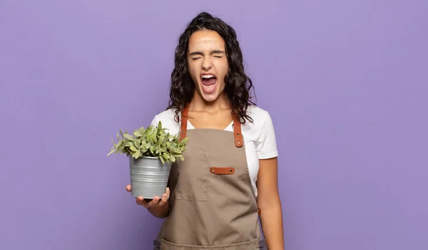 Jonge Spaanse Vrouw Schreeuwt Agressief Kijkt Erg Boos Gefrustreerd Verontwaardigd — Stockfoto