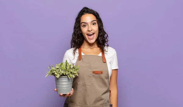 Jovem Hispânico Mulher Olhando Feliz Agradavelmente Surpreendido Animado Com Uma — Fotografia de Stock